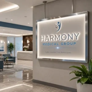 medical office reception with branded lobby sign