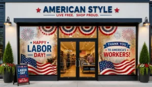 a retail storefront with Labor Day window graphics