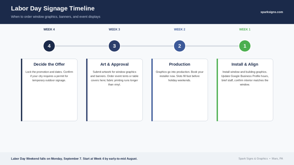 image » Sparks Signs and Graphics Timeline for Labor Day signage with four weeks (Week 4 to Week 1) and four task cards: Decide the Offer, Art & Approval, Production, Install & Align.