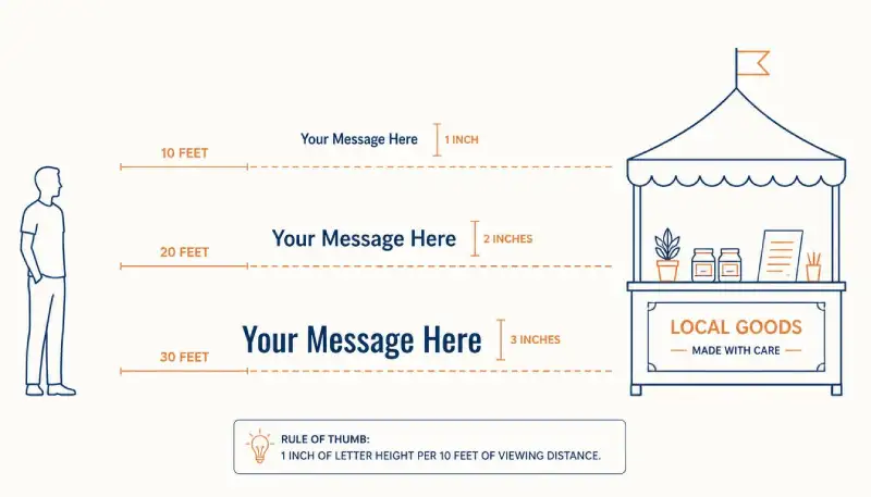 infographic 1 » Sparks Signs and Graphics Clean flat vector infographic on an off-white background showing a market booth on the right and a simple human silhouette on the left