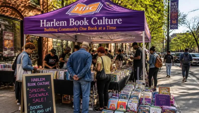 labor-day-sidewalk-sale-branded-tent-display » Sparks Signs and Graphics People browse books at a sidewalk market under a purple Harlem Book Culture tent; a chalkboard sign advertises a special sidewalk sale.