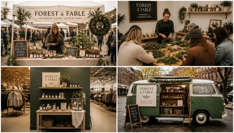 photographic grid showing four small business retail formats » Sparks Signs and Graphics Outdoor Forest & Fable market stall with wreaths and natural goods; vendor arranging items under a beige tent.