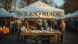 photograph of a small business vendor booth at a busy outdoor holiday market, late afternoon golden light, a clean white canopy tent with a large horizontal fabric banner