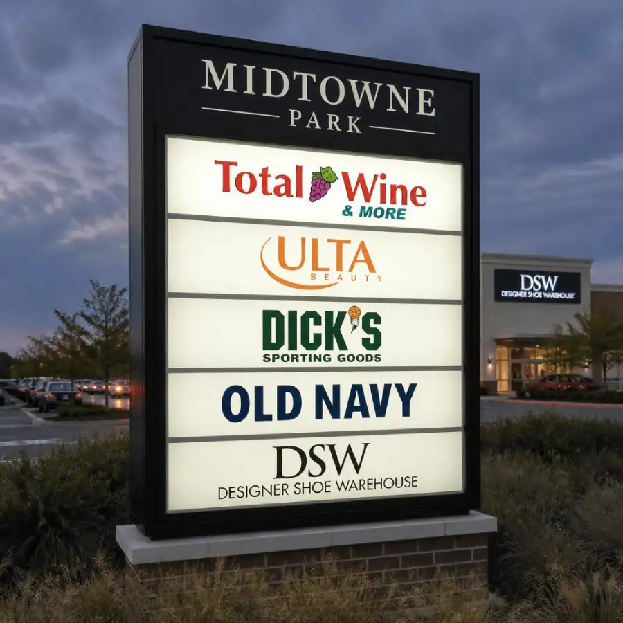 Backlit cabinet sign illuminated at a Pittsburgh retail storefront at night