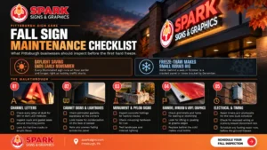 fall-sign-maintenance-checklist-infographic-pittsburgh-businesses » Sparks Signs and Graphics Fall sign maintenance checklist infographic for Pittsburgh businesses showing inspections for channel letters, cabinet signs, monument signs, banners, vinyl graphics, and electrical systems before winter.