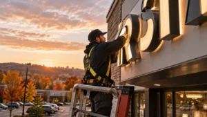 Worker on a ladder attaches illuminated storefront letters to a shop exterior at sunset, wearing a harness and cap.