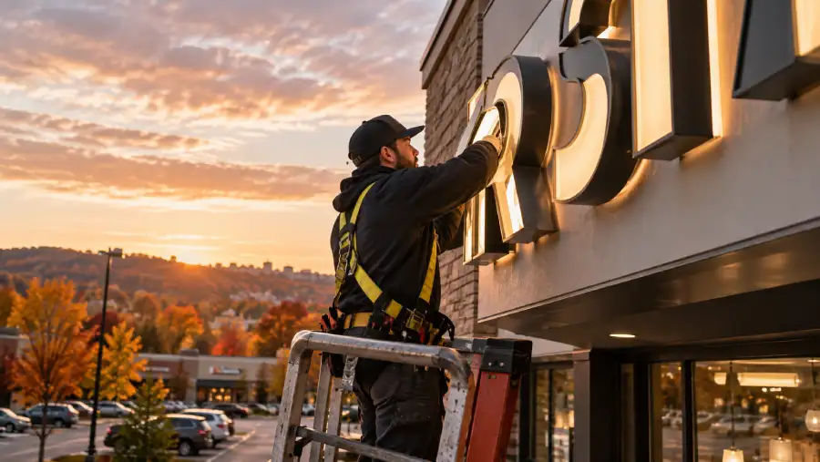 fall-sign-maintenance-checklist-pittsburgh-business-sign-inspection-hero » Sparks Signs and Graphics Worker on a ladder attaches illuminated storefront letters to a shop exterior at sunset, wearing a harness and cap.