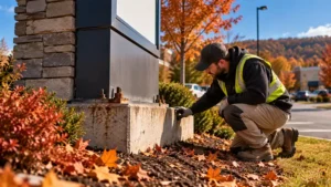 monument-sign-foundation-inspection-fall-sign-maintenance-pittsburgh » Sparks Signs and Graphics Technician inspecting the concrete footing and mounting hardware of a monument sign before winter in Pittsburgh.