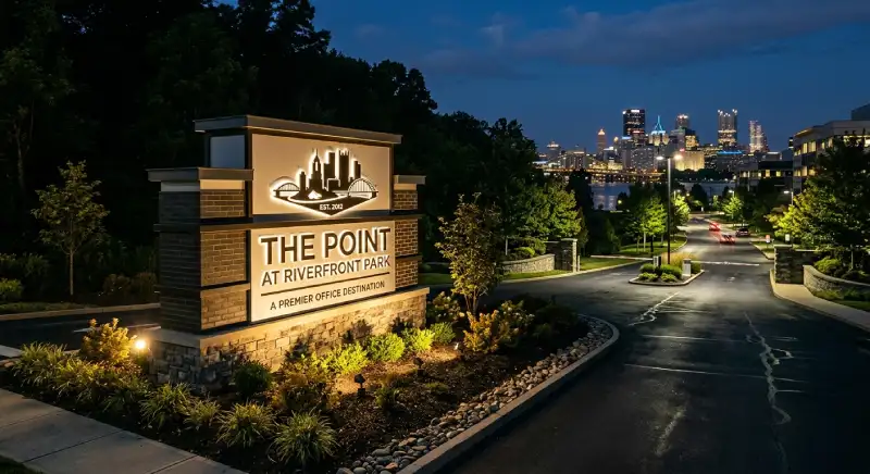 Ground-lit monument sign at a Pittsburgh office park entrance after dark.