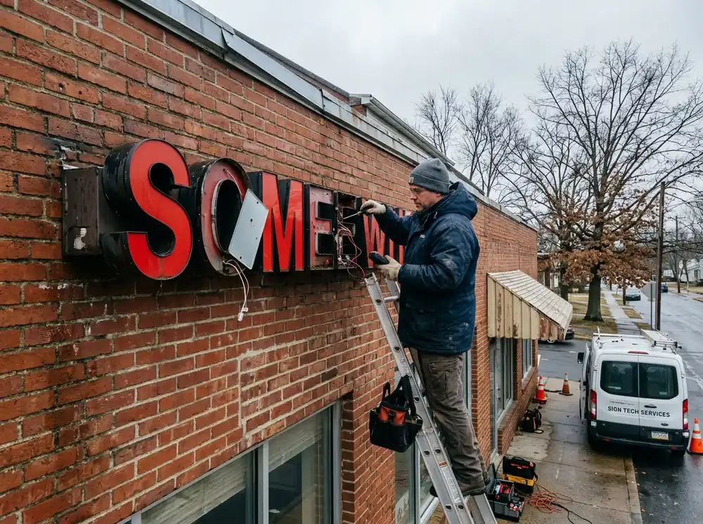 Spark Signs technician on a ladder servicing and rewiring large red channel letters on a brick commercial building exterior in Cranberry Township PA, by Spark Signs