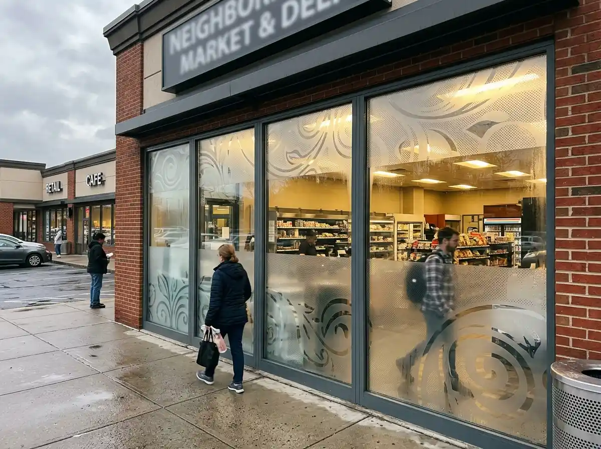 Decorative frosted window film with ornate scroll pattern applied to the full-width storefront windows of a Neighborhood Market and Deli in Cranberry Township PA, by Spark Signs