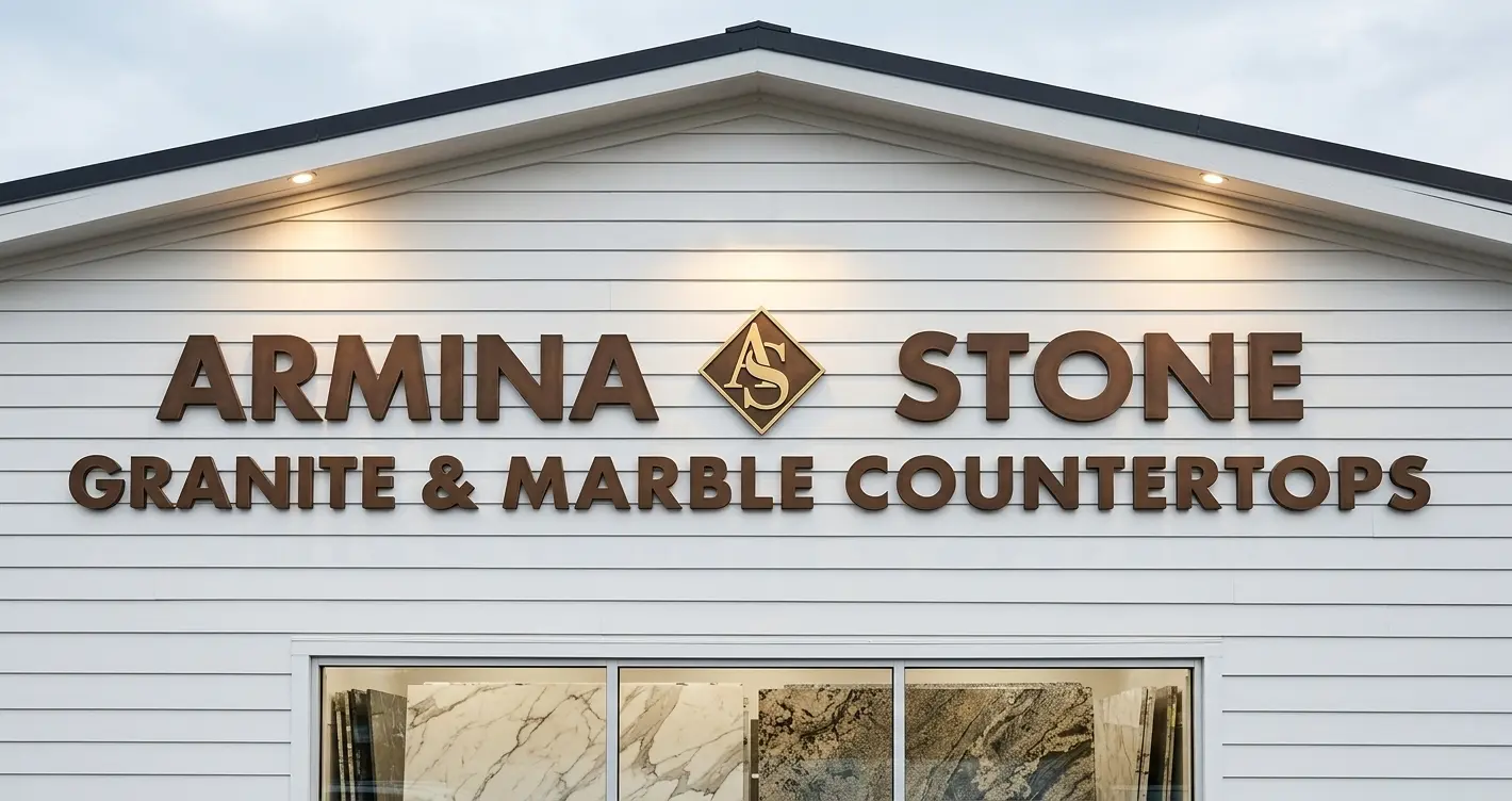 Large dimensional bronze letter building sign for Armina Stone Granite and Marble Countertops with diamond logo mounted on a white commercial building exterior in Cranberry Township PA, by Spark Signs