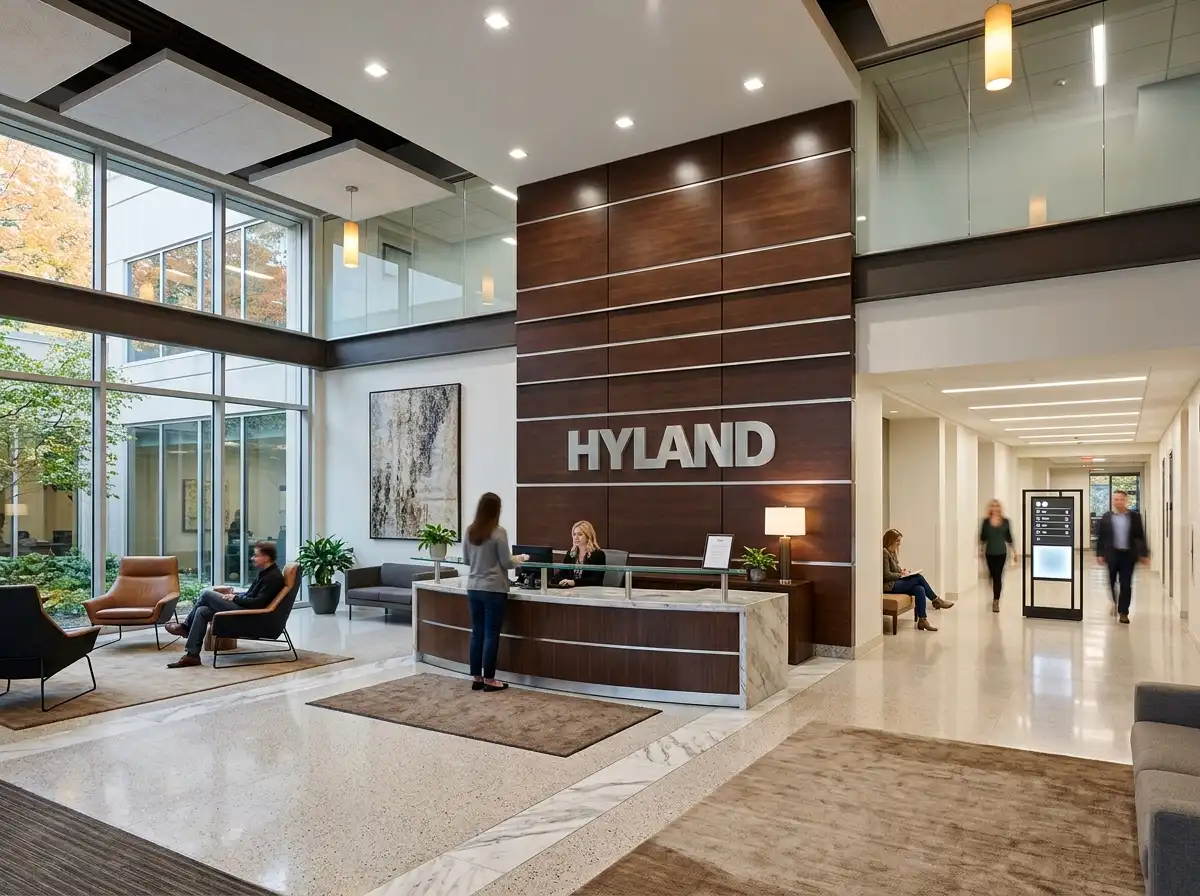 Dimensional letter lobby sign for Hyland mounted on a wood-paneled accent wall in a modern corporate headquarters reception area in Cranberry Township PA, by Spark Signs