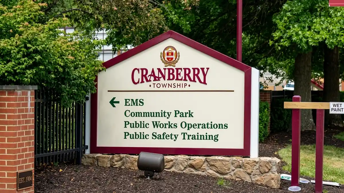 Cranberry Township municipal wayfinding monument sign with official crest directing visitors to EMS, Community Park, Public Works Operations, and Public Safety Training, by Spark Signs in Cranberry Township PA