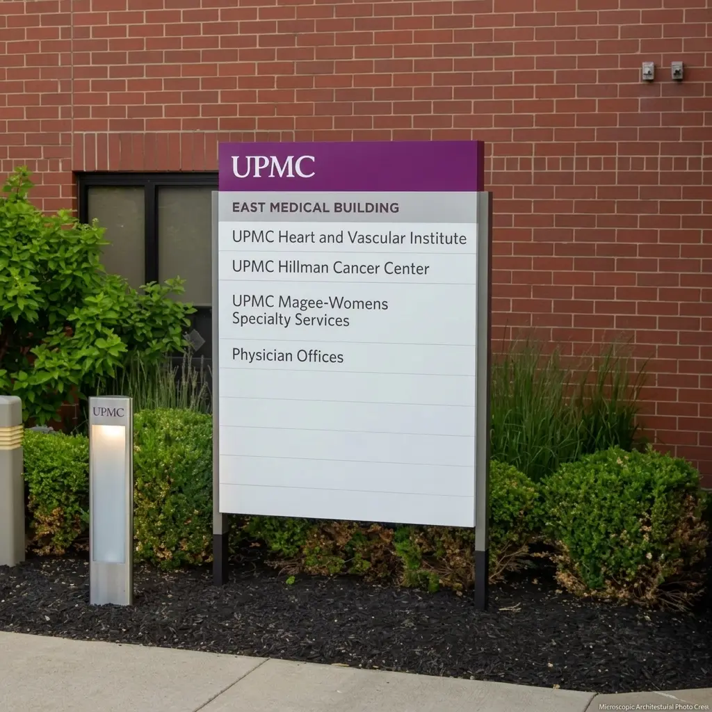 UPMC East Medical Building outdoor directory post sign listing the Heart and Vascular Institute, Hillman Cancer Center, Magee-Womens Specialty Services, and Physician Offices in Cranberry Township PA, by Spark Signs