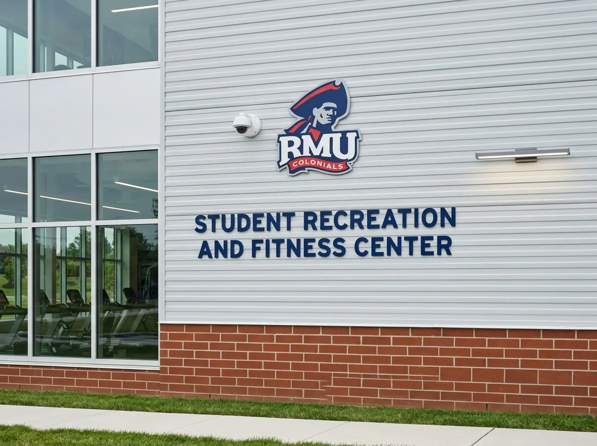 Dimensional building sign with RMU Colonials logo and lettering for the Student Recreation and Fitness Center on the Robert Morris University campus, by Spark Signs in Moon Township PA