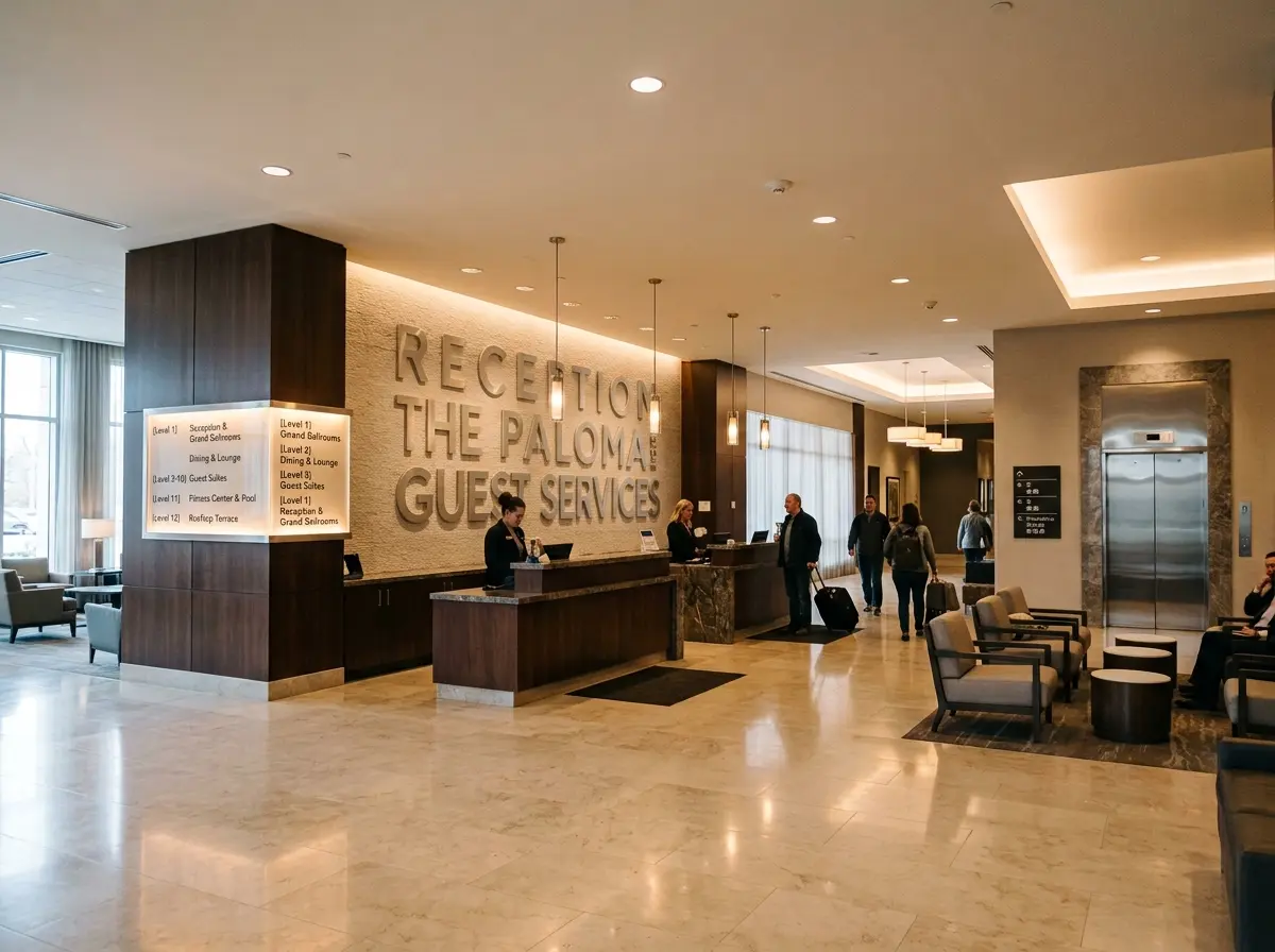 Hotel lobby interior featuring dimensional wall letters for The Palomar Guest Services reception area with a multi-level wayfinding directory panel, by Spark Signs in Moon Township PA