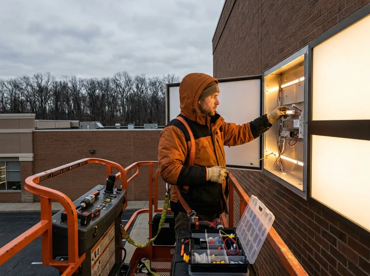 Spark Signs technician on a bucket lift servicing the LED components of an illuminated cabinet sign panel on a commercial building exterior in Moon Township PA