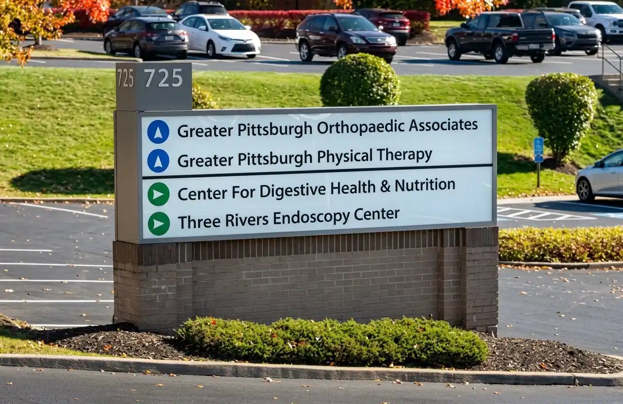 Multi-tenant monument sign at 725 listing Greater Pittsburgh Orthopaedic Associates, Physical Therapy, Center for Digestive Health and Three Rivers Endoscopy Center on a brick base, installed by Spark Signs in Moon Township PA