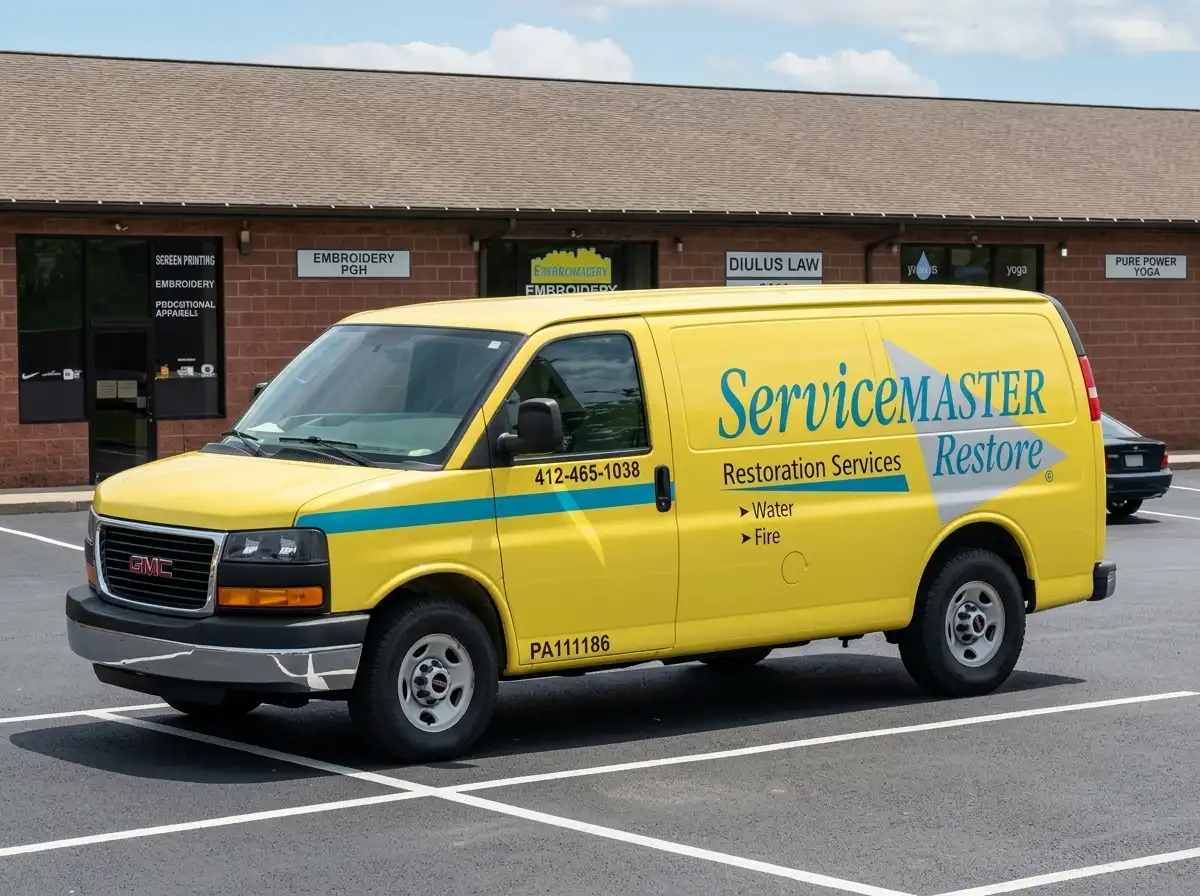 Yellow GMC work van with ServiceMaster Restore fleet lettering and graphics for water and fire restoration services, by Spark Signs in Robinson Township PA