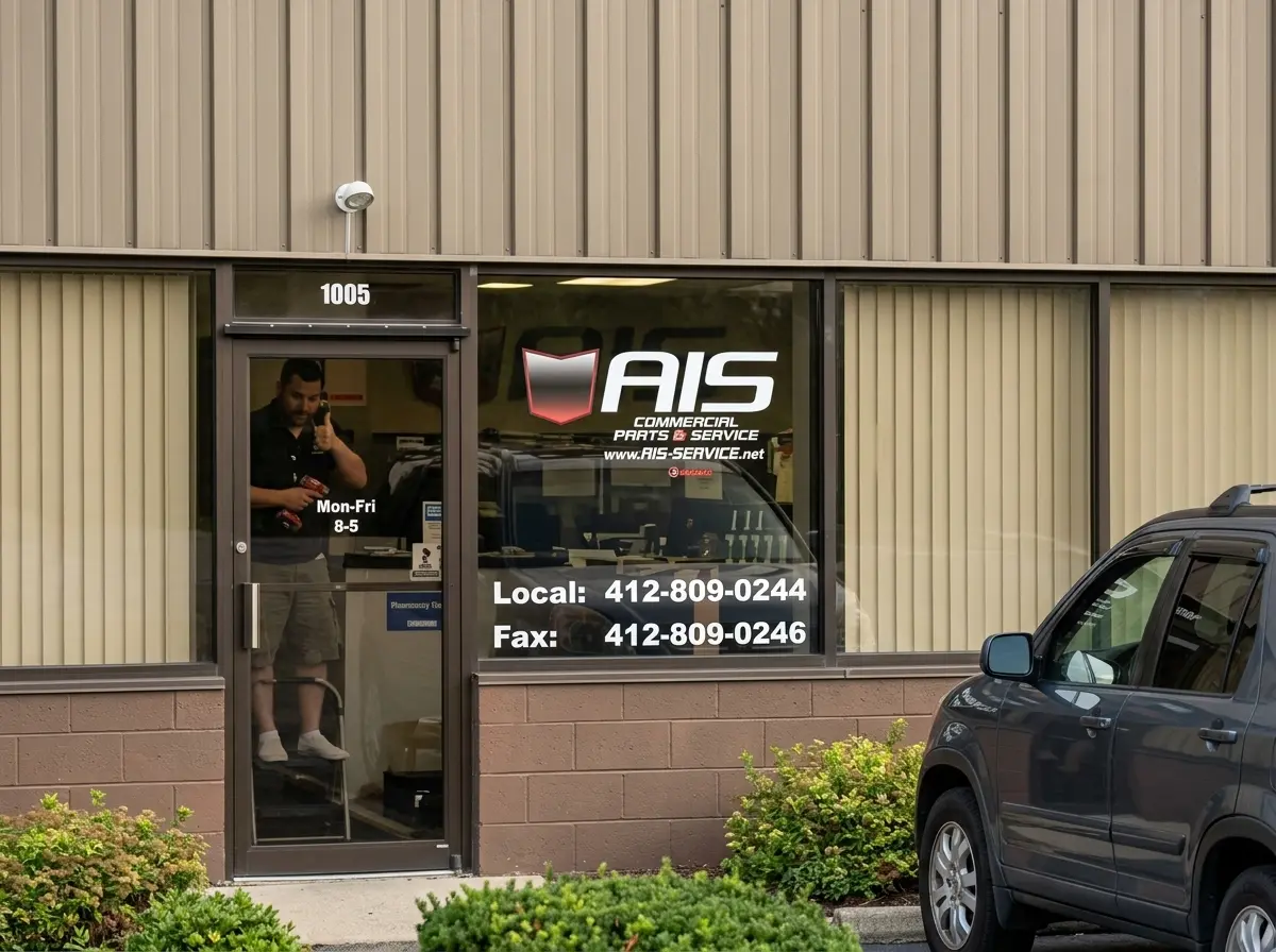 Commercial window graphic for AIS Commercial Parts and Service displaying logo, hours, and contact information on a storefront, by Spark Signs in Robinson Township PA