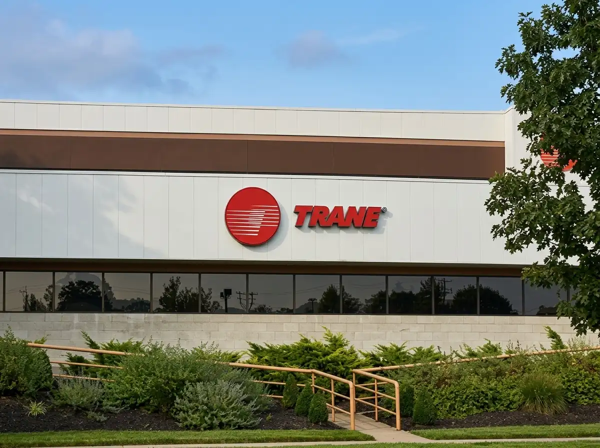 Large dimensional logo and letter building sign for Trane HVAC mounted on the exterior facade of a commercial building, fabricated by Spark Signs in Robinson Township PA