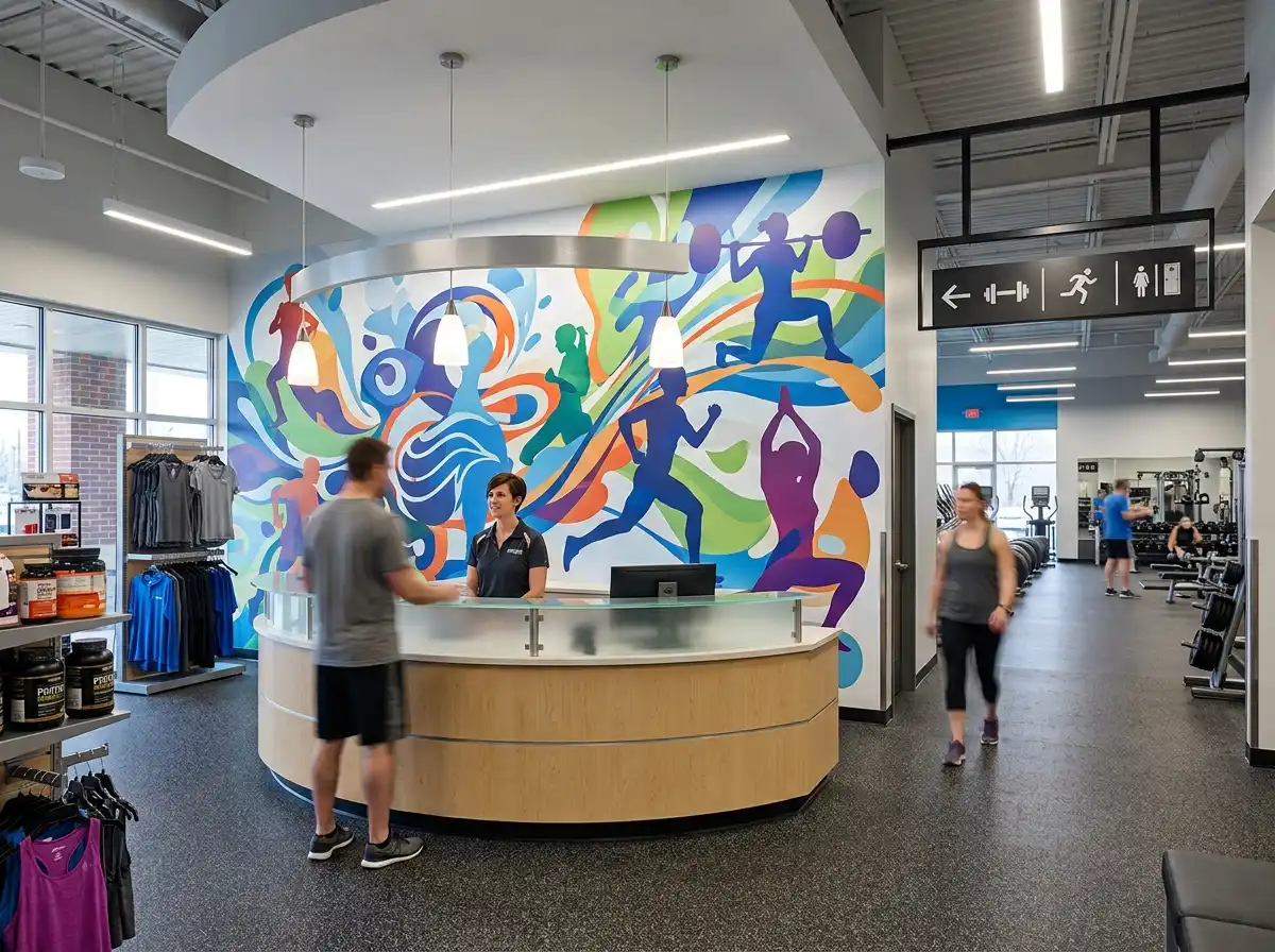 Interior of a fitness center featuring a large colorful wall mural with athletic silhouettes and overhead directional signs, branded environment by Spark Signs in Robinson Township PA