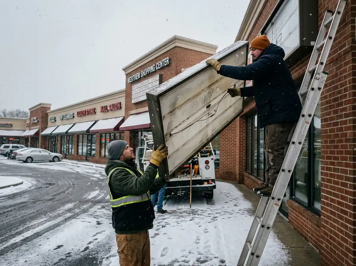 Two Spark Signs technicians installing a large illuminated cabinet sign panel on a shopping center storefront in snowy winter conditions in Robinson Township PA
