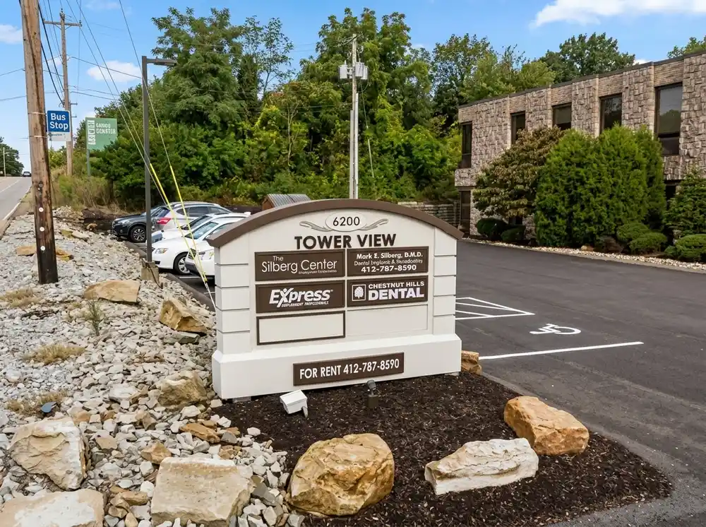 Multi-tenant monument sign for Tower View at 6200 listing medical and professional office tenants including dental and staffing businesses, installed by Spark Signs in Robinson Township PA