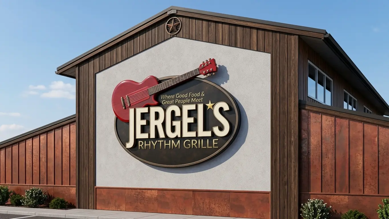 Exterior view of Jergel's Rhythm Grille restaurant with a large oval sign and a red guitar graphic