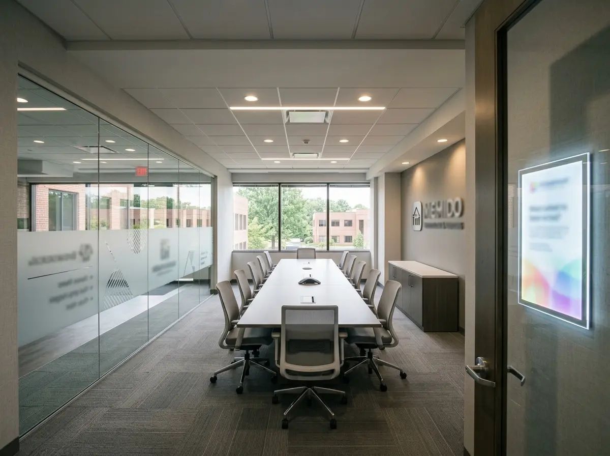 Corporate conference room interior featuring frosted glass partition graphics and a wall-mounted illuminated sign panel, by Spark Signs in Warrendale PA