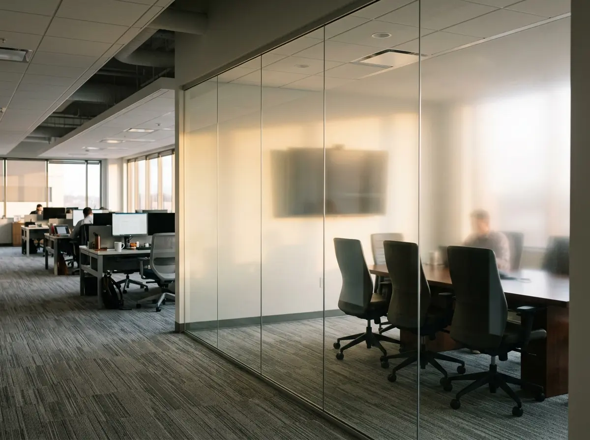 Modern open office interior with frosted glass partition walls providing privacy for a conference room, a glass film solution by Spark Signs in Warrendale PA