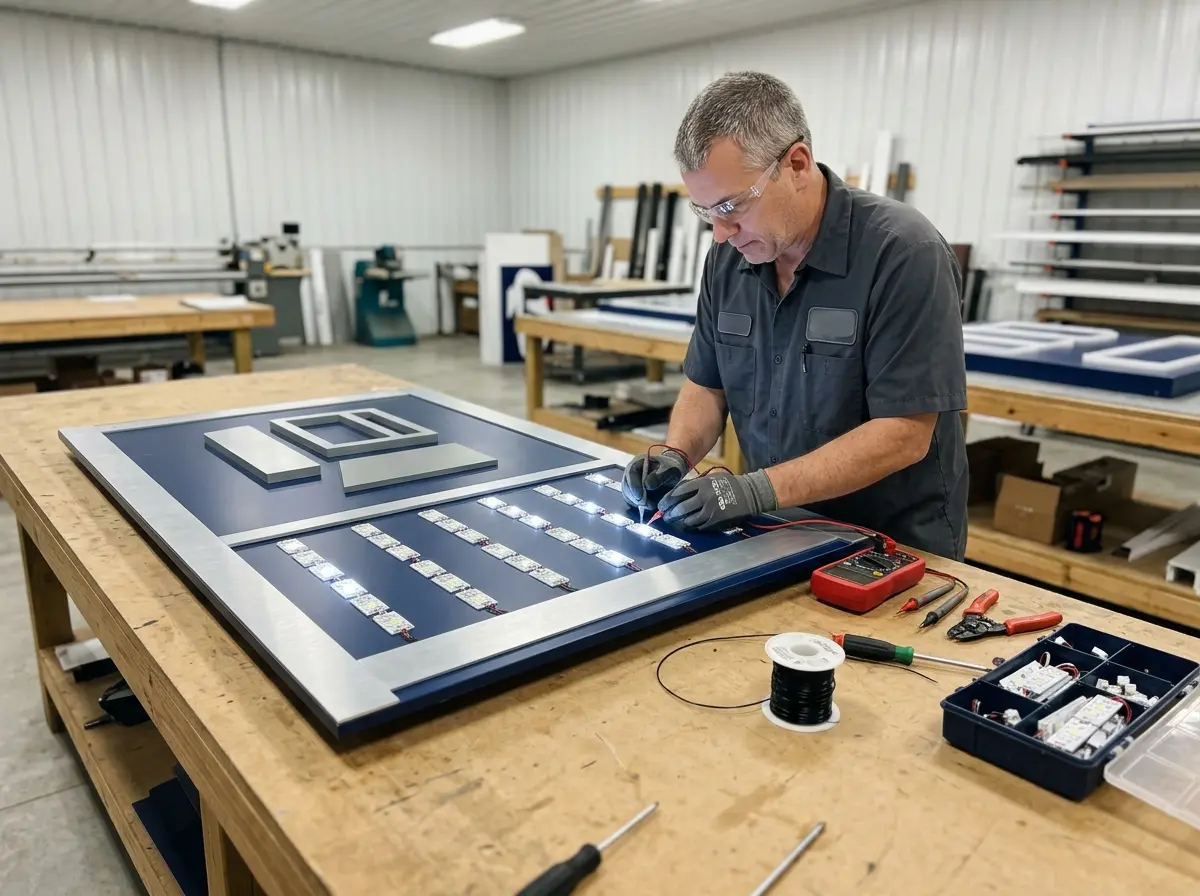 Spark Signs technician testing LED module wiring inside an illuminated cabinet sign panel during fabrication in the shop in Warrendale PA