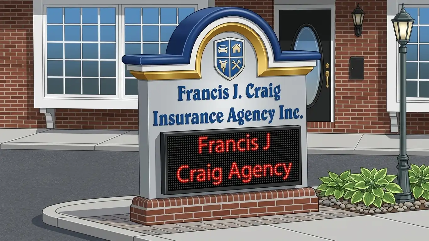 Monument sign with LED scrolling marquee for Francis J. Craig Insurance Agency Inc. on a brick base in front of a commercial building, designed by Spark Signs in Warrendale PA