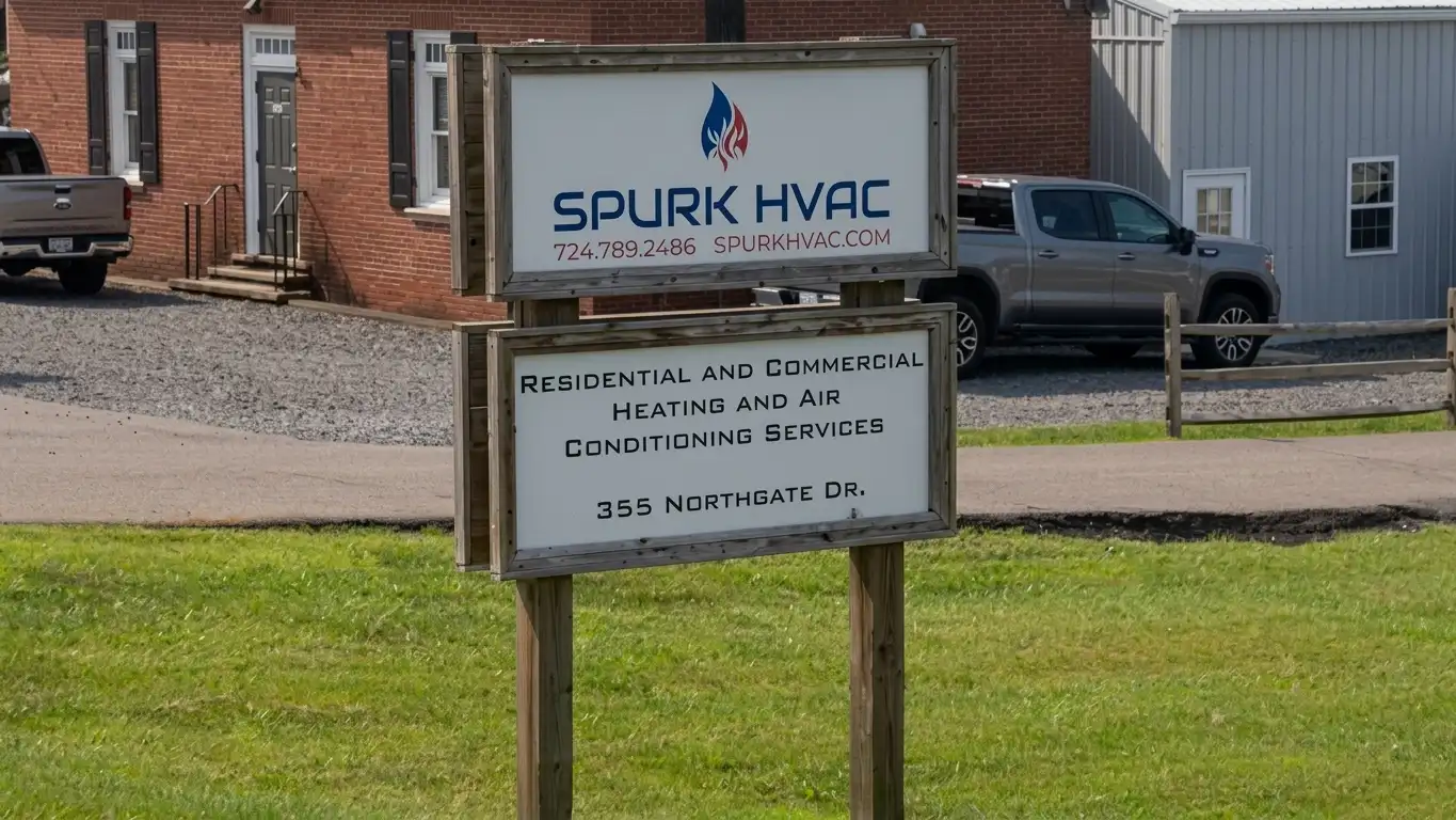 Outdoor wooden post-and-panel sign for Spurk HVAC displaying contact info and service description at 355 Northgate Dr, installed by Spark Signs in Warrendale PA