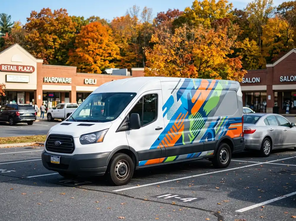 Colorful geometric vehicle wrap on a Ford Transit commercial van in a retail parking lot, designed and installed by Spark Signs in Wexford PA