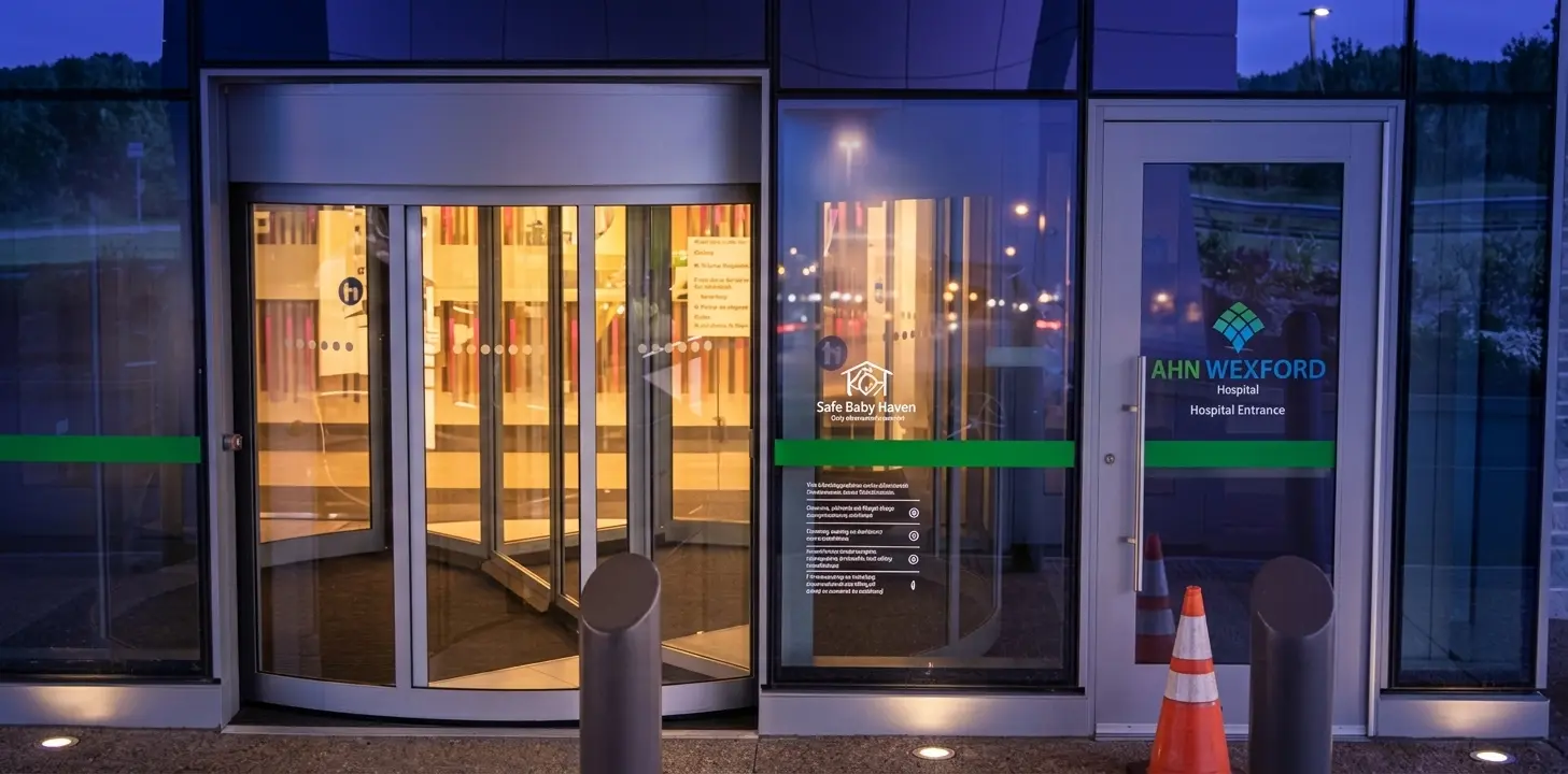 Illuminated hospital entrance door and window decals reading Hospital Entrance and Safe Baby Haven at night, installed by Spark Signs in Wexford PA