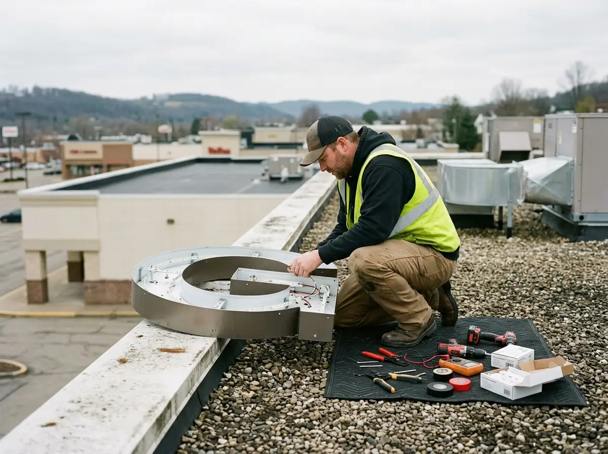 Spark Signs technician in safety vest repairing and rewiring an illuminated channel letter sign on a commercial rooftop in Wexford PA