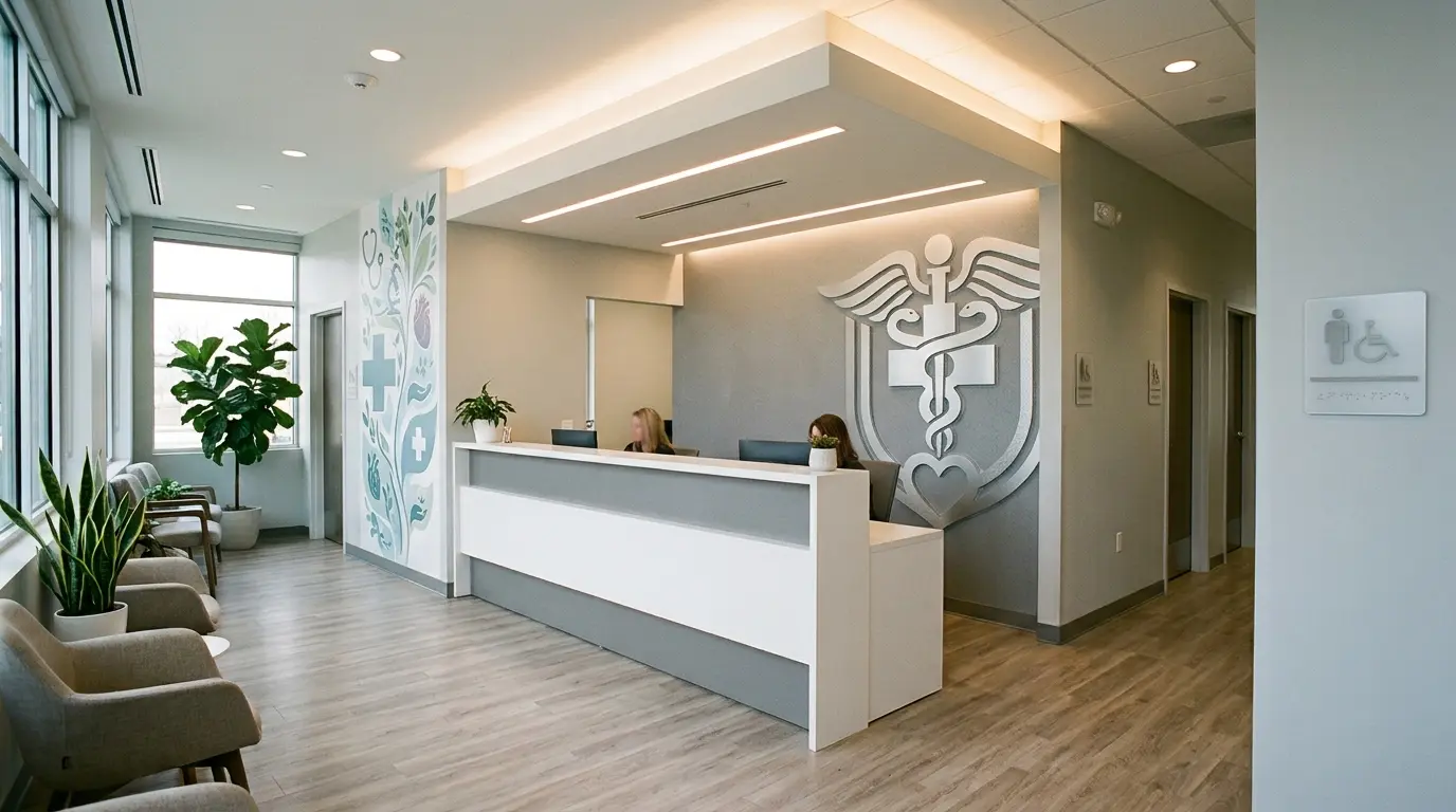 Medical office interior with ADA-compliant room plaques, dimensional caduceus wall art, and custom wall graphics in the reception area, by Spark Signs in Wexford PA
