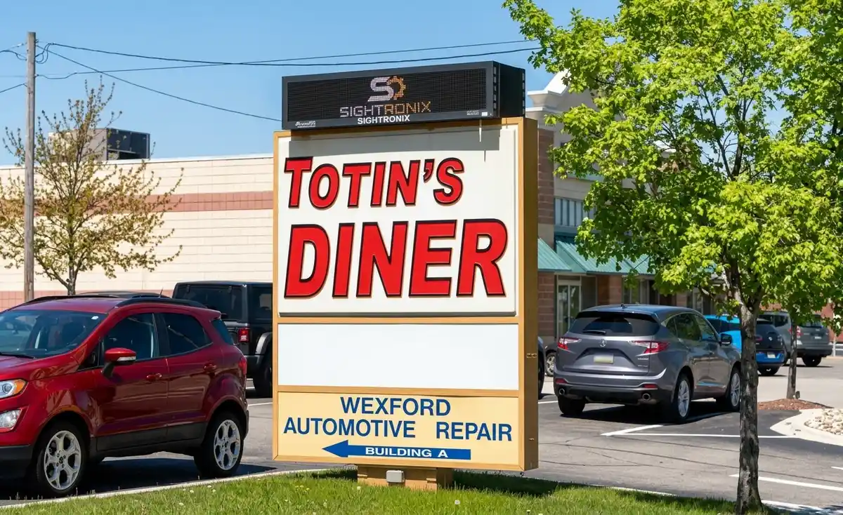 Outdoor multi-tenant pylon sign with digital LED message board for Totin's Diner and Wexford Automotive Repair, installed by Spark Signs in Wexford PA