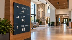 Church lobby wayfinding sign pointing to worship, kids, and restrooms