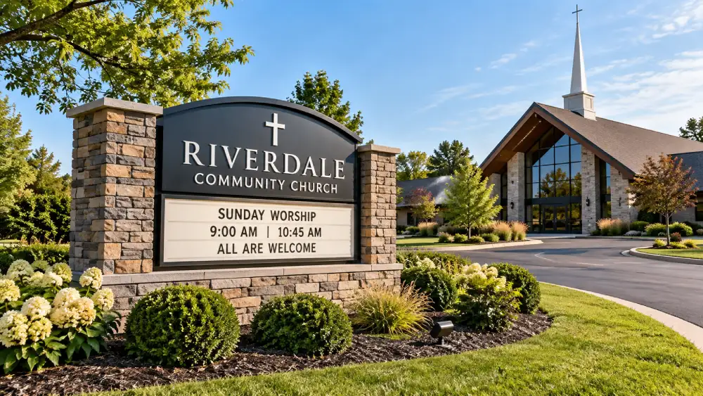 Riverdale Community Church sign with worship times 9:00 AM and 10:45 AM; church building with a steeple in the background.