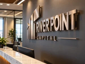Brushed aluminum lobby sign letters on standoffs behind a reception desk