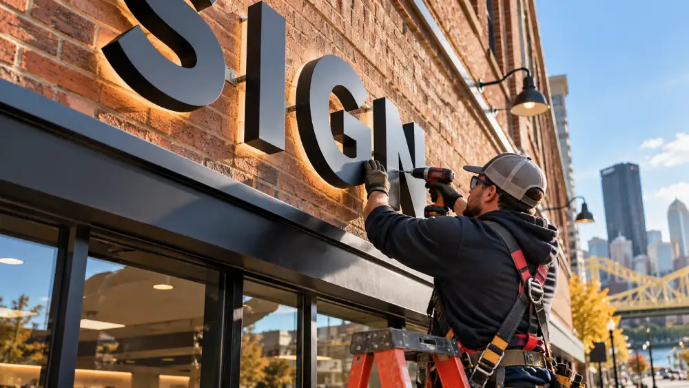 Spark Signs installer mounting channel letters on a Pittsburgh storefront