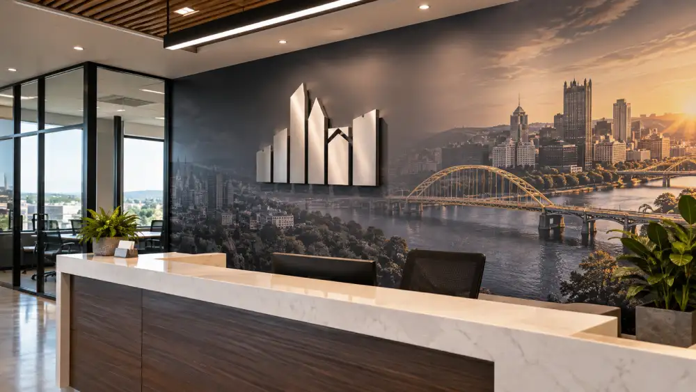 Dimensional acrylic lobby sign mounted over a printed wall mural in a Pittsburgh office