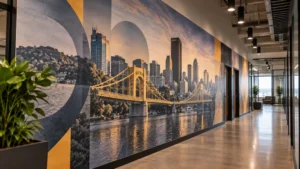Full-wall printed vinyl mural in an office corridor