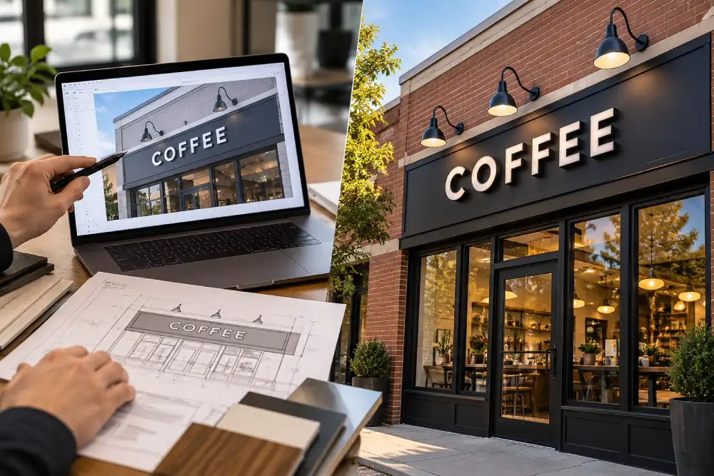 Sign design mockup compared with the installed business sign
